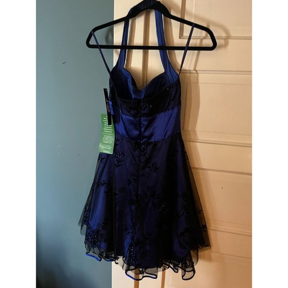 NWT Deadstock Y2K Navy Blue Halter Dress with Black Flocked Floral Designs - Picture 6 of 8